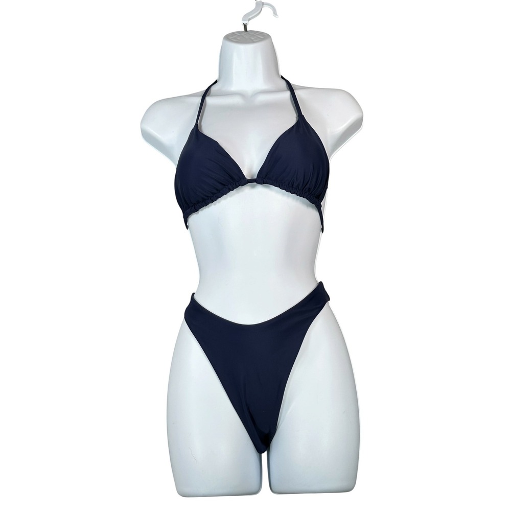 NWT Quince Womens Italian Triangle Top and High Cut Leg Bikini Bottom Small Navy